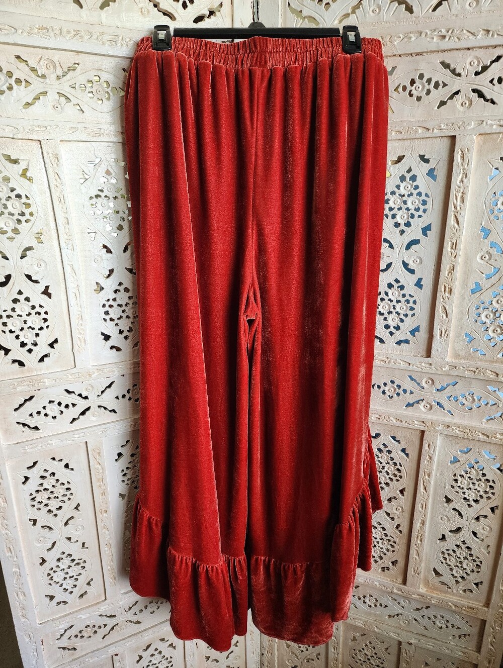 RusttyDustty XL Burnt Orange Velvet Flare & Slit Ruffle Leg Pants - Picture 8 of 11